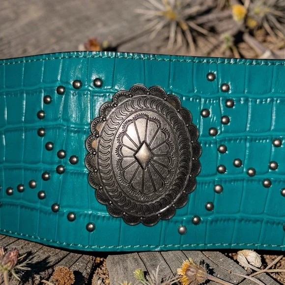 Lucky & Blessed Turquoise Western Belt Leather Studded Concho Size Small Cowgirl - Picture 2 of 5